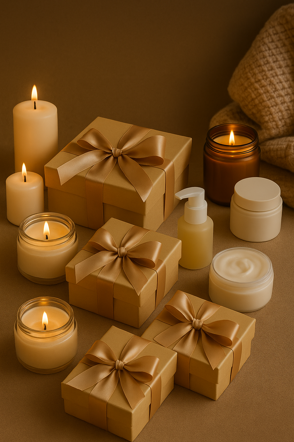 Luxury gold-wrapped gift boxes with satin ribbons, elegant holiday packaging, and feminine self-care items displayed in a chic flatlay for boutique e-gift card promotion.