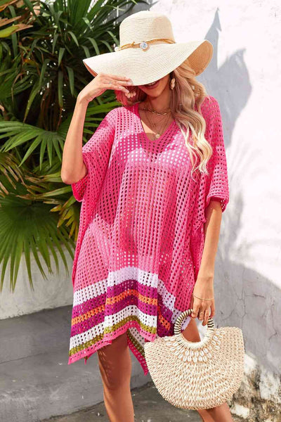 Rainbow Stripe Openwork Slit Cover-Up for Summer Style