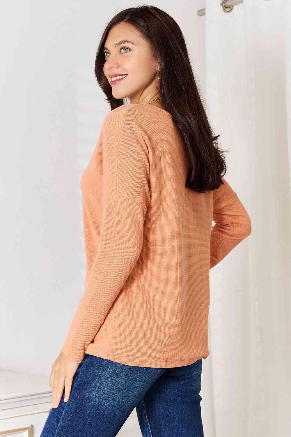 Casual & Chic Half Button Long Sleeve Top in Peach