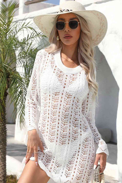 Openwork Scalloped Trim Long Sleeve Cover-Up Dress Style
