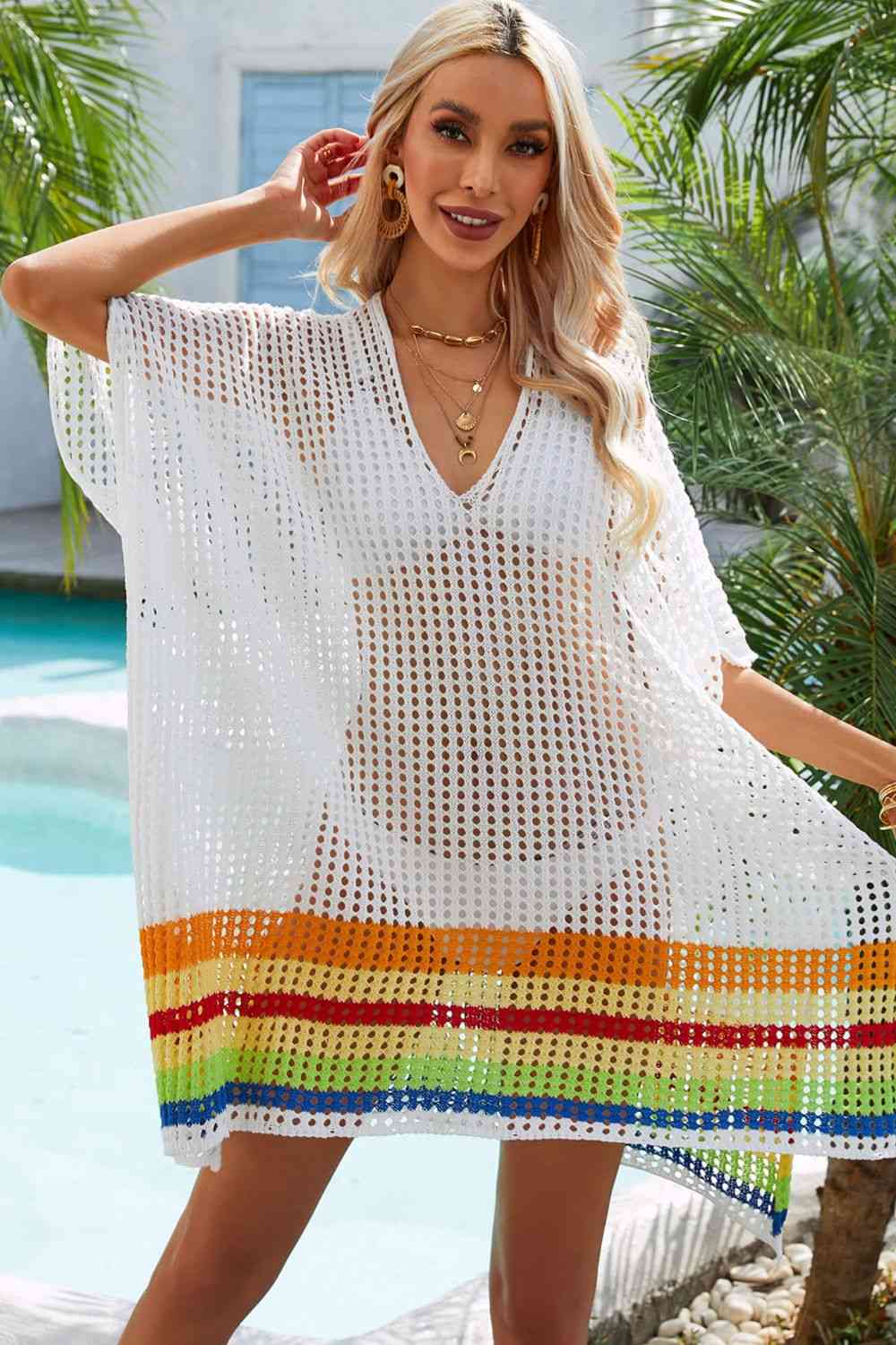 Rainbow Stripe Openwork Slit Cover-Up for Summer Style