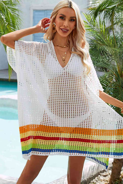 Rainbow Stripe Openwork Slit Cover-Up for Summer Style