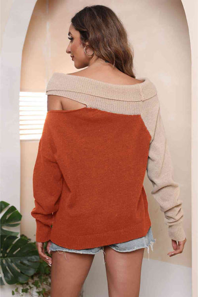 Trendy Asymmetrical Two-Tone Cutout Sweater for Casual Style