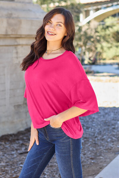 Casual Vibrant Pink Round Neck Drop Shoulder T-Shirt