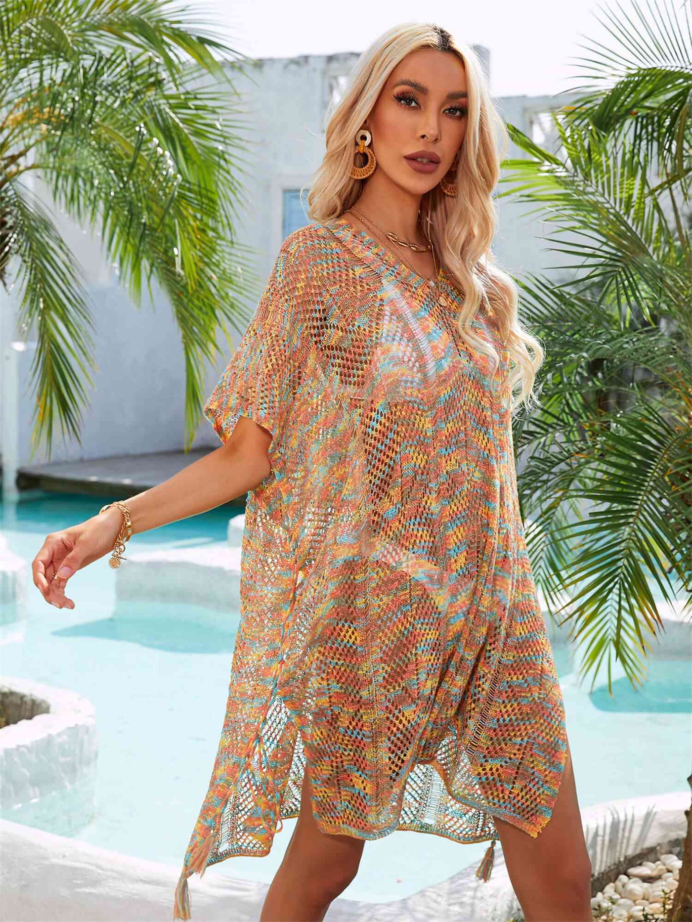 Stylish Multicolored Openwork Tassel Slit Cover-Up