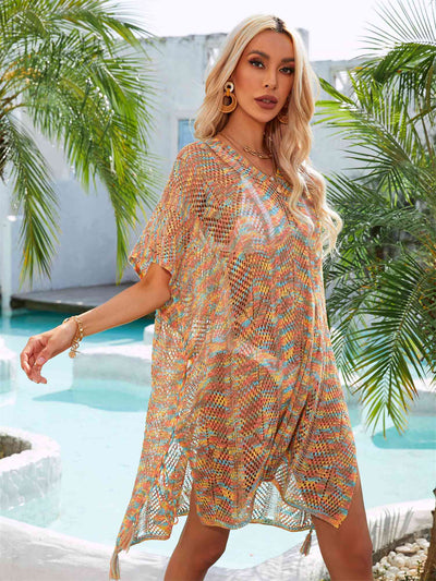Stylish Multicolored Openwork Tassel Slit Cover-Up