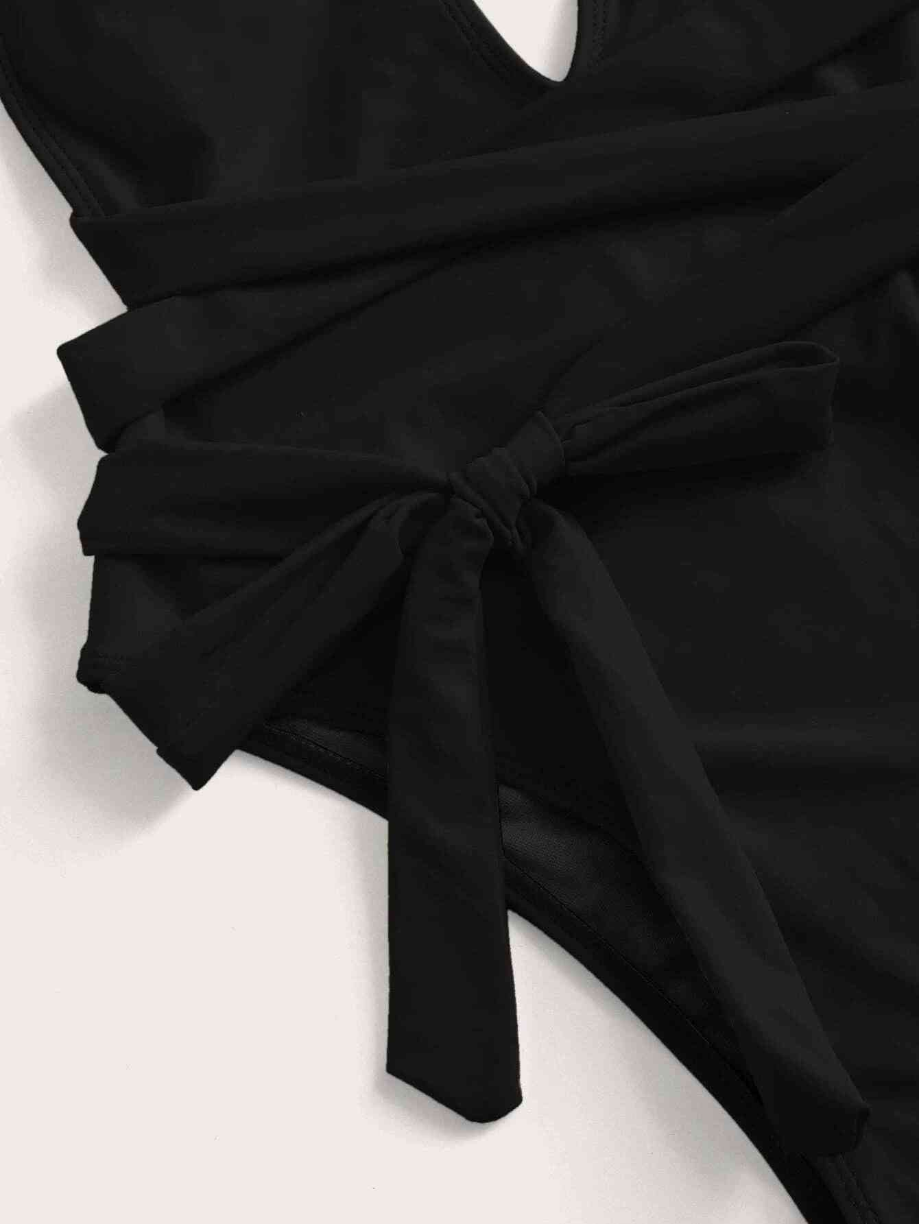 Stylish Halter Neck Deep V Tied One-Piece Swimsuit
