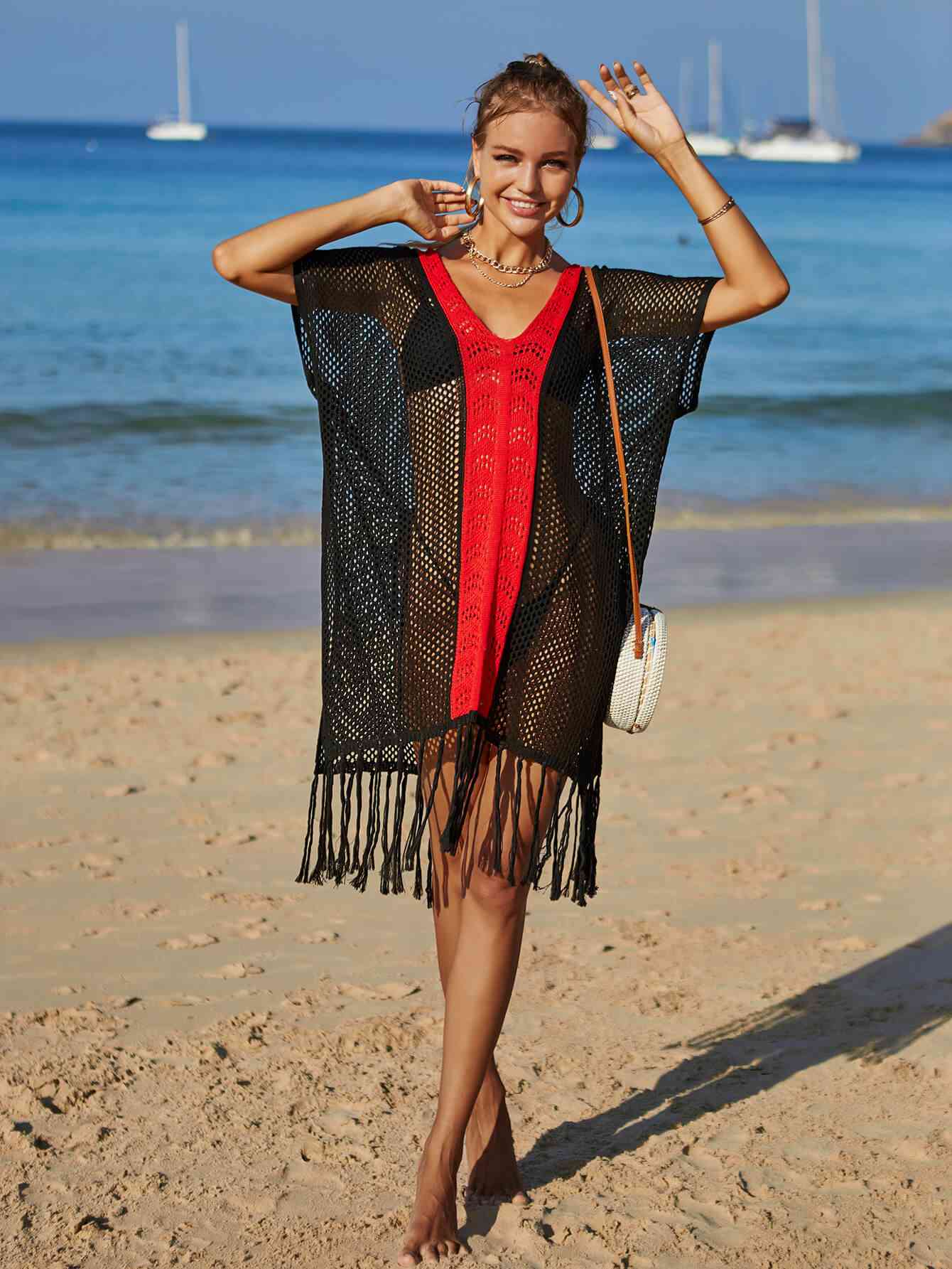 Contrast Fringe Trim Openwork Cover-Up Dress for Summer Fun
