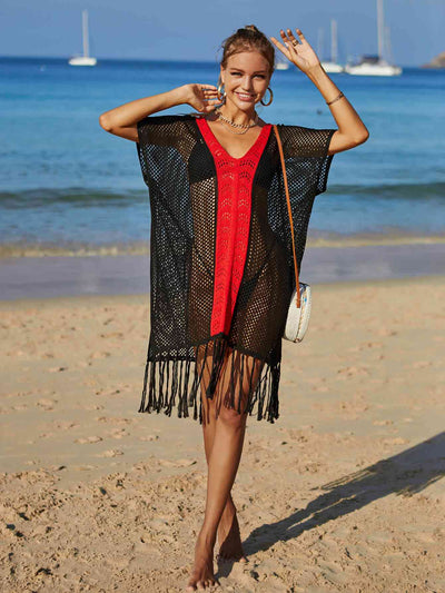 Contrast Fringe Trim Openwork Cover-Up Dress for Summer Fun