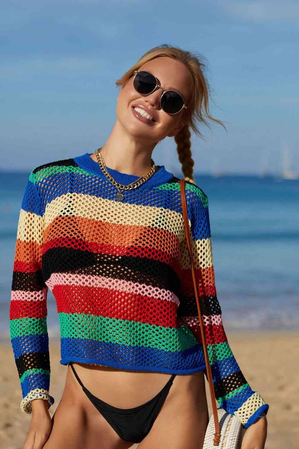 Rainbow Stripe Openwork Long Sleeve Cover-Up for Summer
