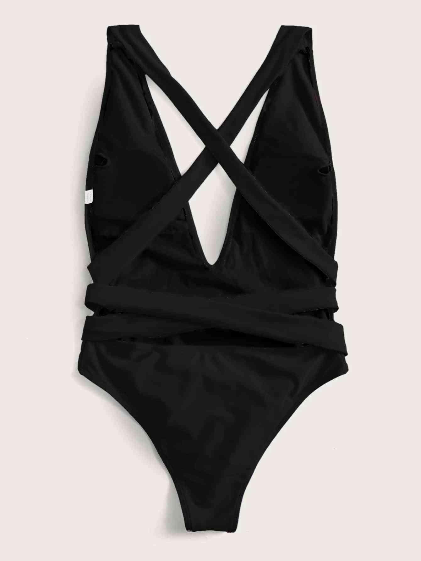 Stylish Halter Neck Deep V Tied One-Piece Swimsuit