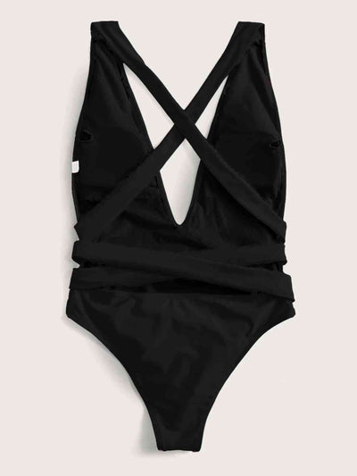 Stylish Halter Neck Deep V Tied One-Piece Swimsuit