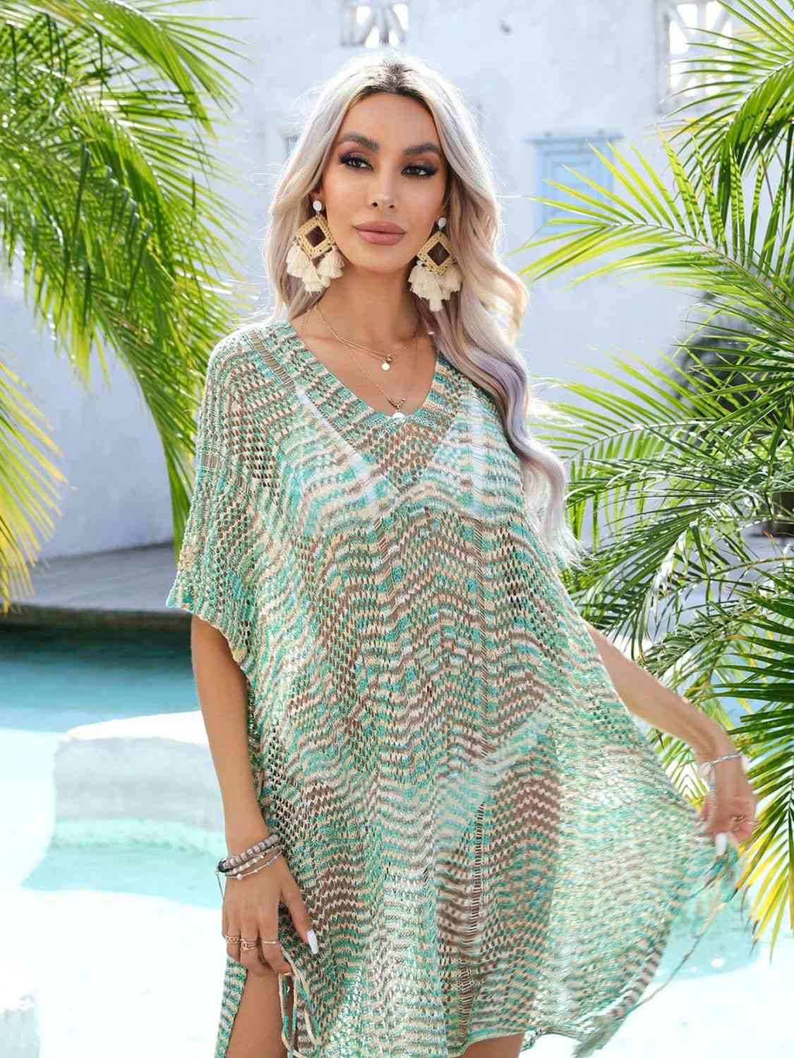 Stylish Multicolored Openwork Tassel Slit Cover-Up