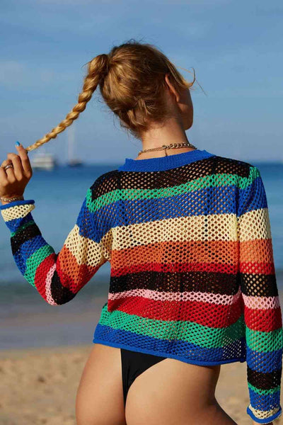 Rainbow Stripe Openwork Long Sleeve Cover-Up for Summer