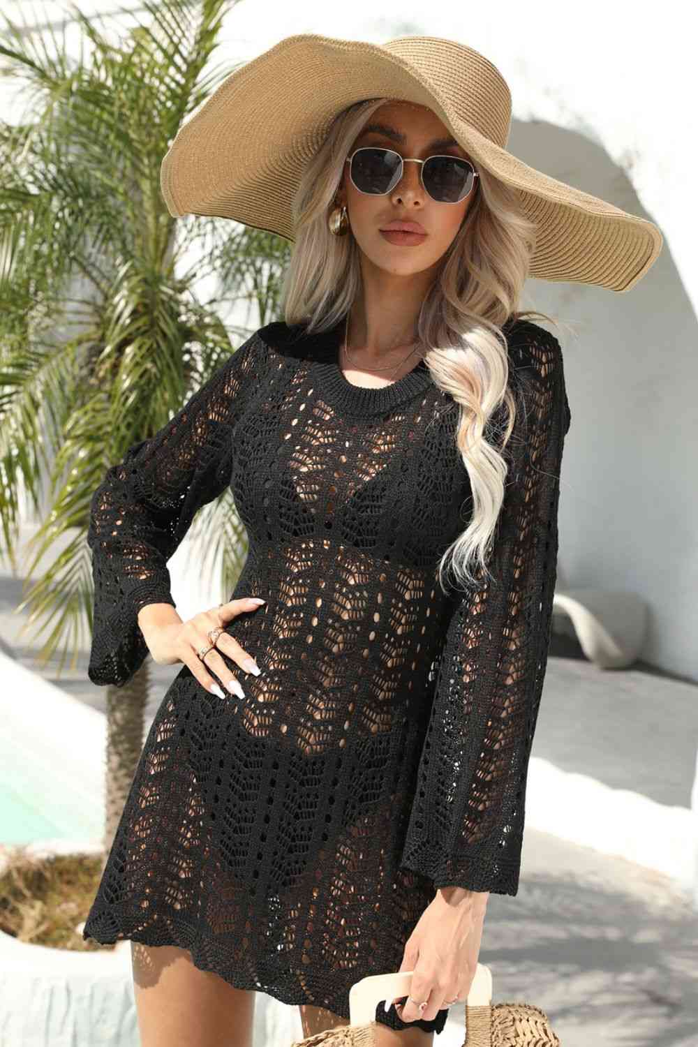 Openwork Scalloped Trim Long Sleeve Cover-Up Dress Style