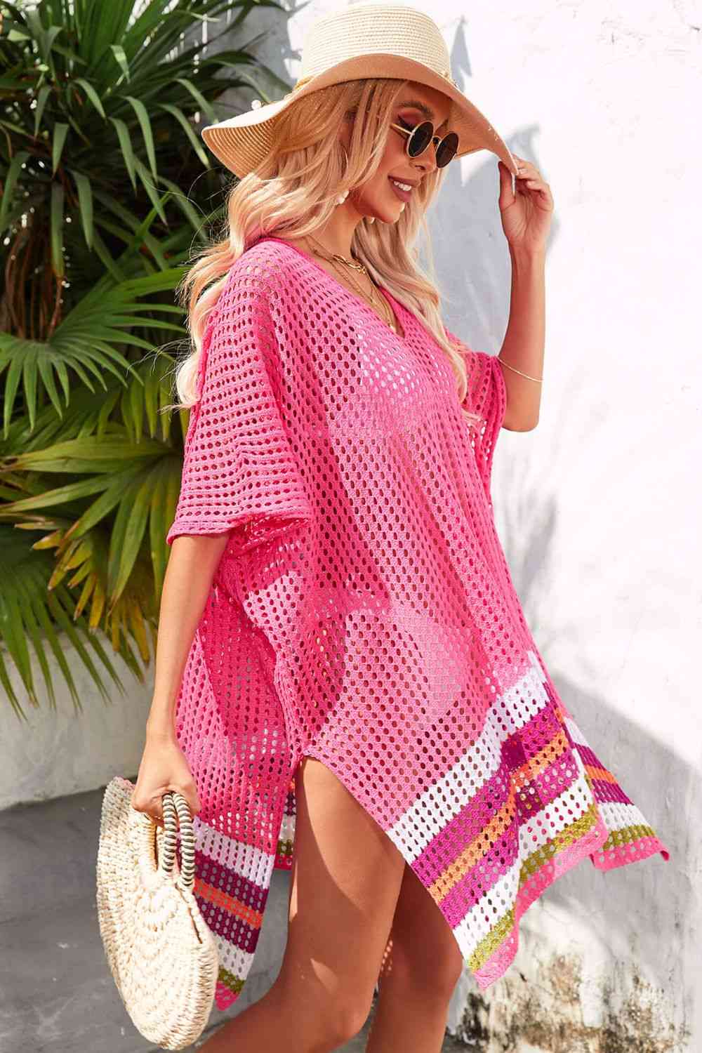 Rainbow Stripe Openwork Slit Cover-Up for Summer Style
