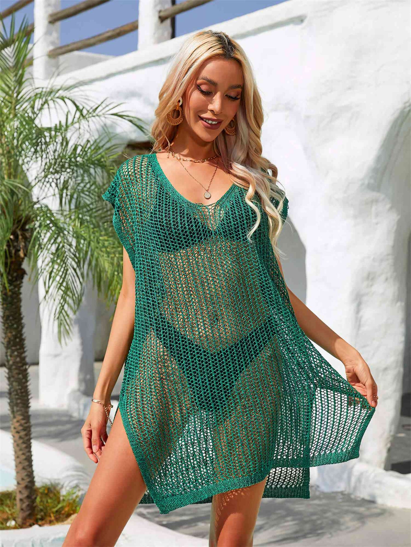 Stylish Side Slit Plunge Openwork Cover-Up for Summer