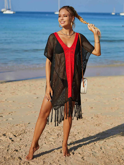 Contrast Fringe Trim Openwork Cover-Up Dress for Summer Fun