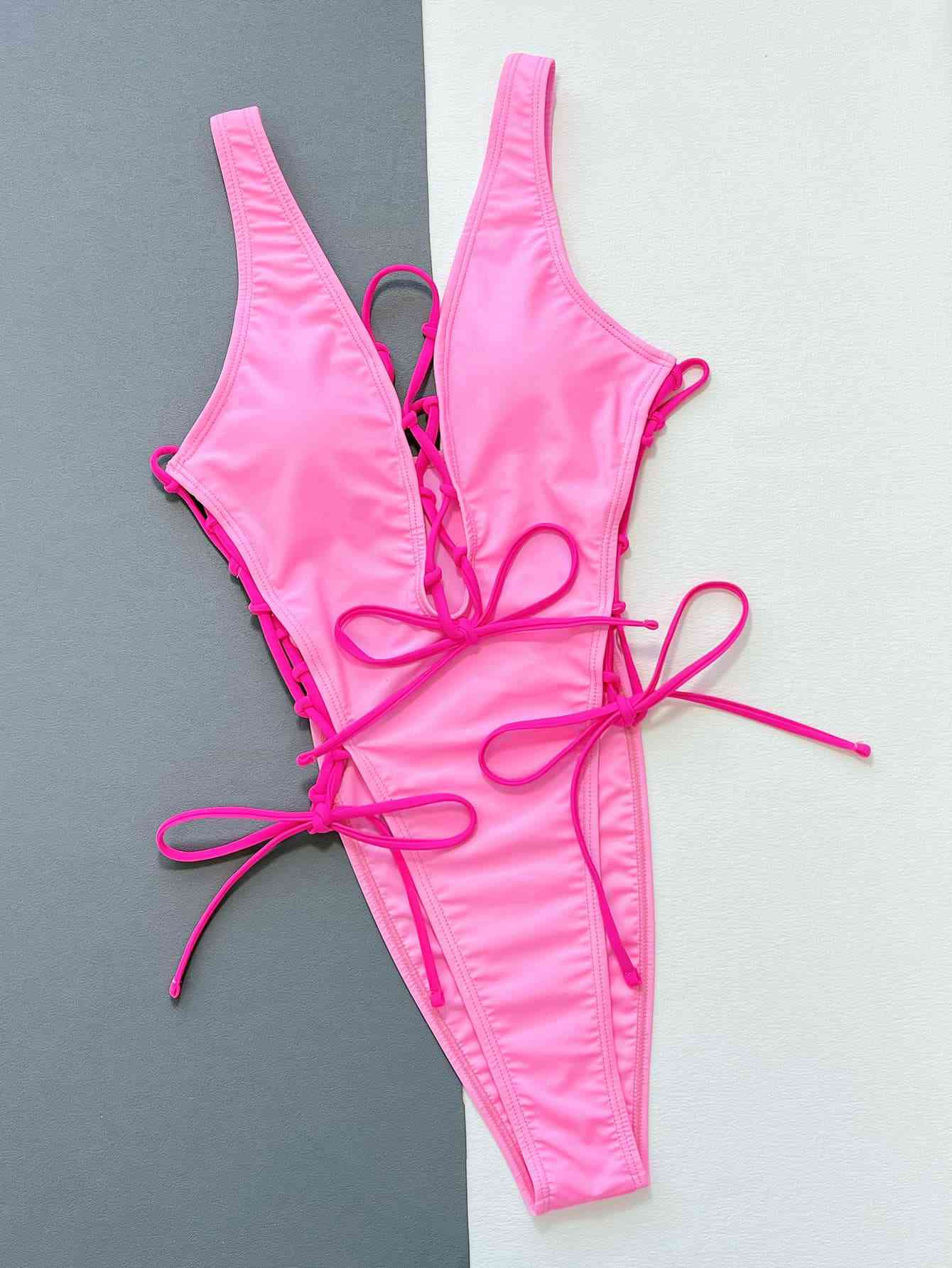 Lace-Up Deep V Sleeveless One-Piece Swimsuit for Summer Fun