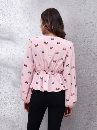 Elegant Butterfly Print Peplum Blouse with Balloon Sleeves
