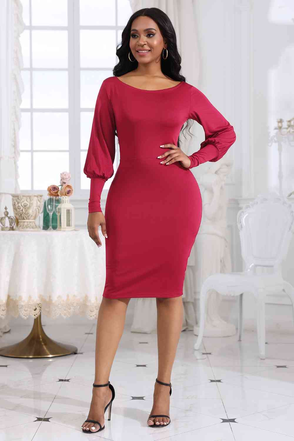 Elegant Boat Neck Dress with Lantern Sleeves