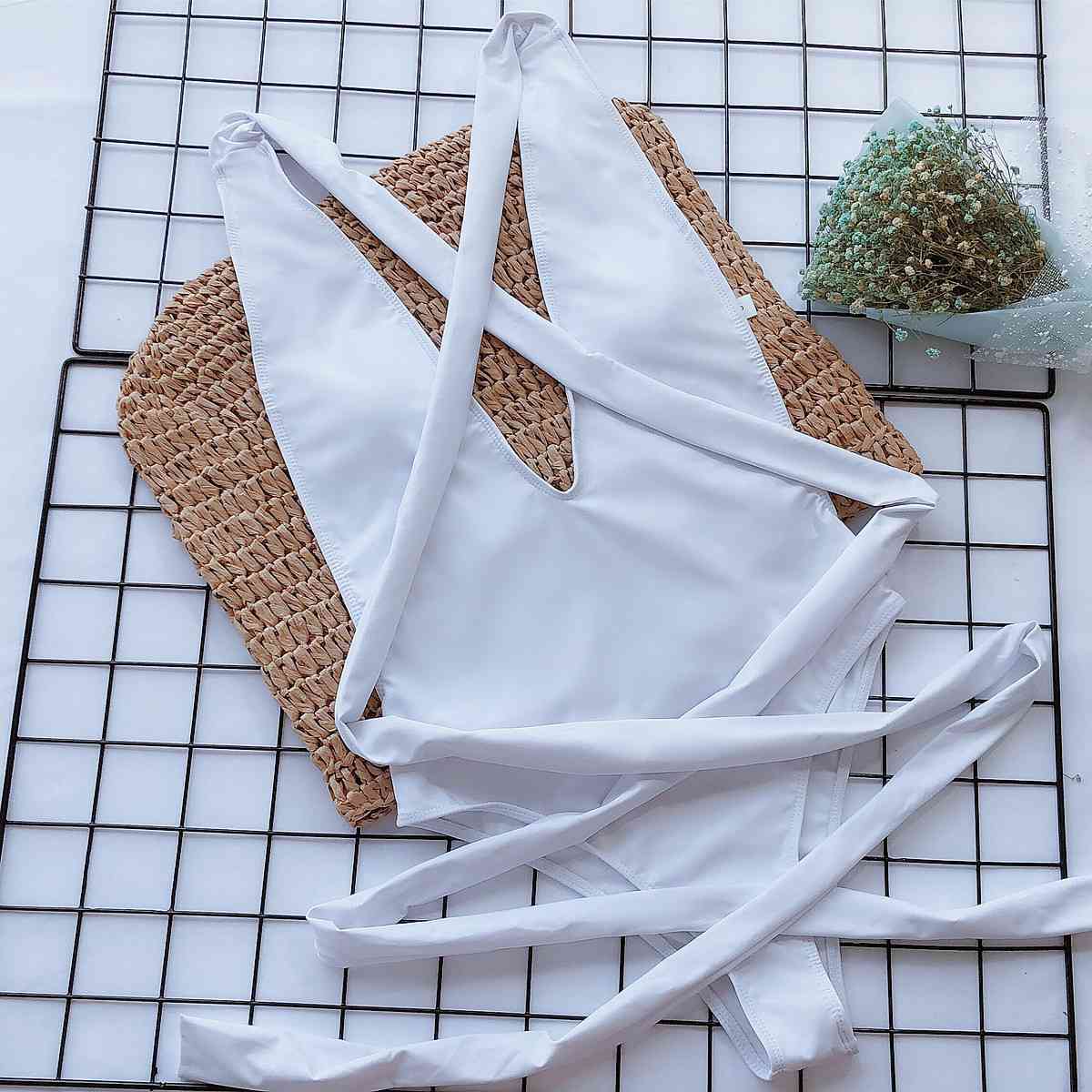 Stylish Halter Neck Deep V Tied One-Piece Swimsuit