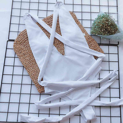 Stylish Halter Neck Deep V Tied One-Piece Swimsuit