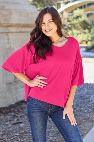 Casual Vibrant Pink Round Neck Drop Shoulder T-Shirt