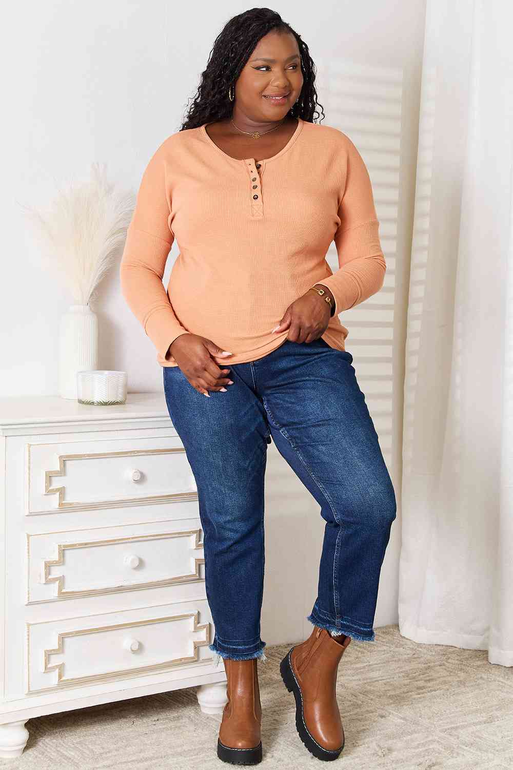 Casual & Chic Half Button Long Sleeve Top in Peach