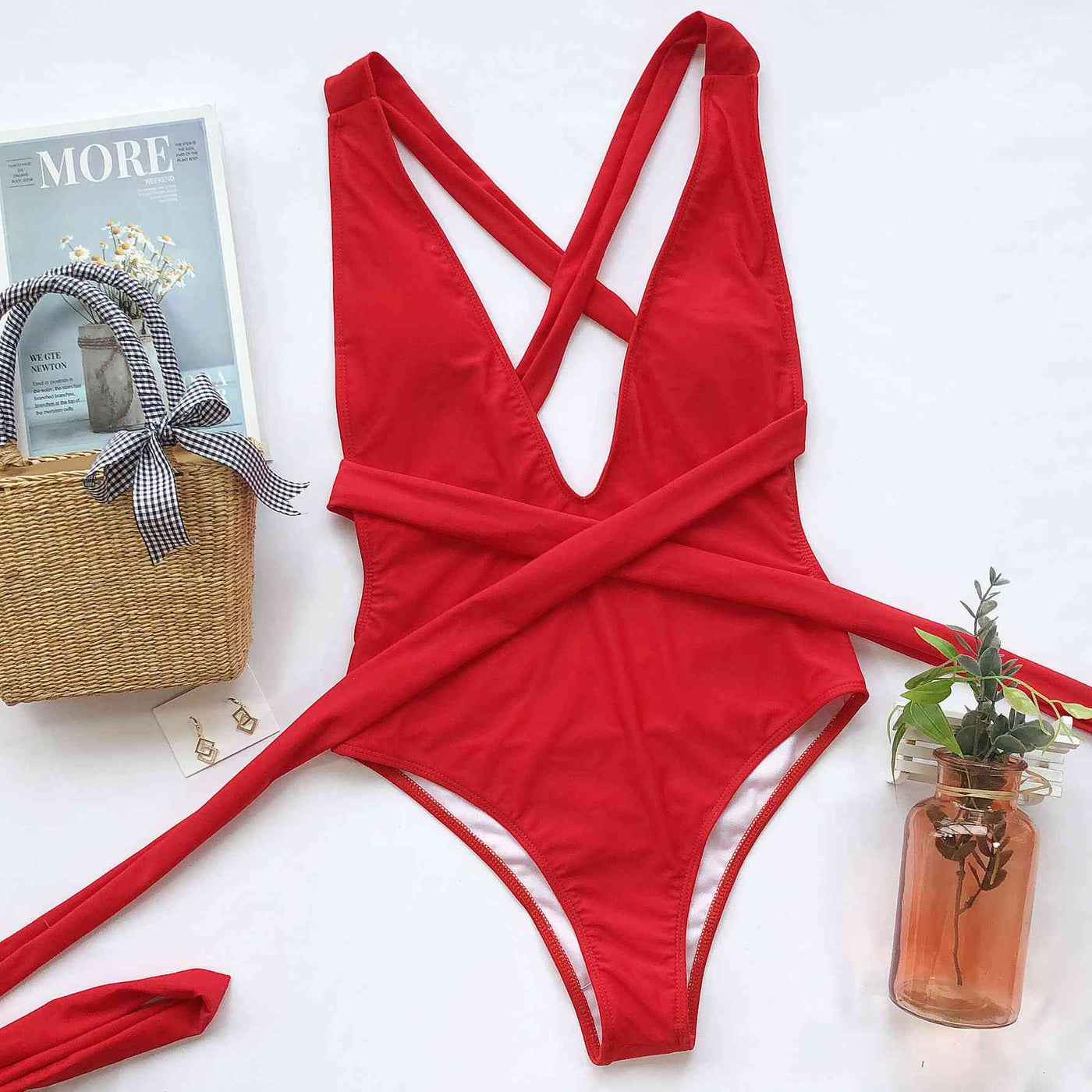 Stylish Halter Neck Deep V Tied One-Piece Swimsuit