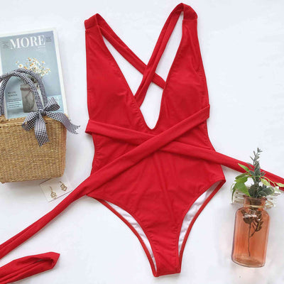 Stylish Halter Neck Deep V Tied One-Piece Swimsuit