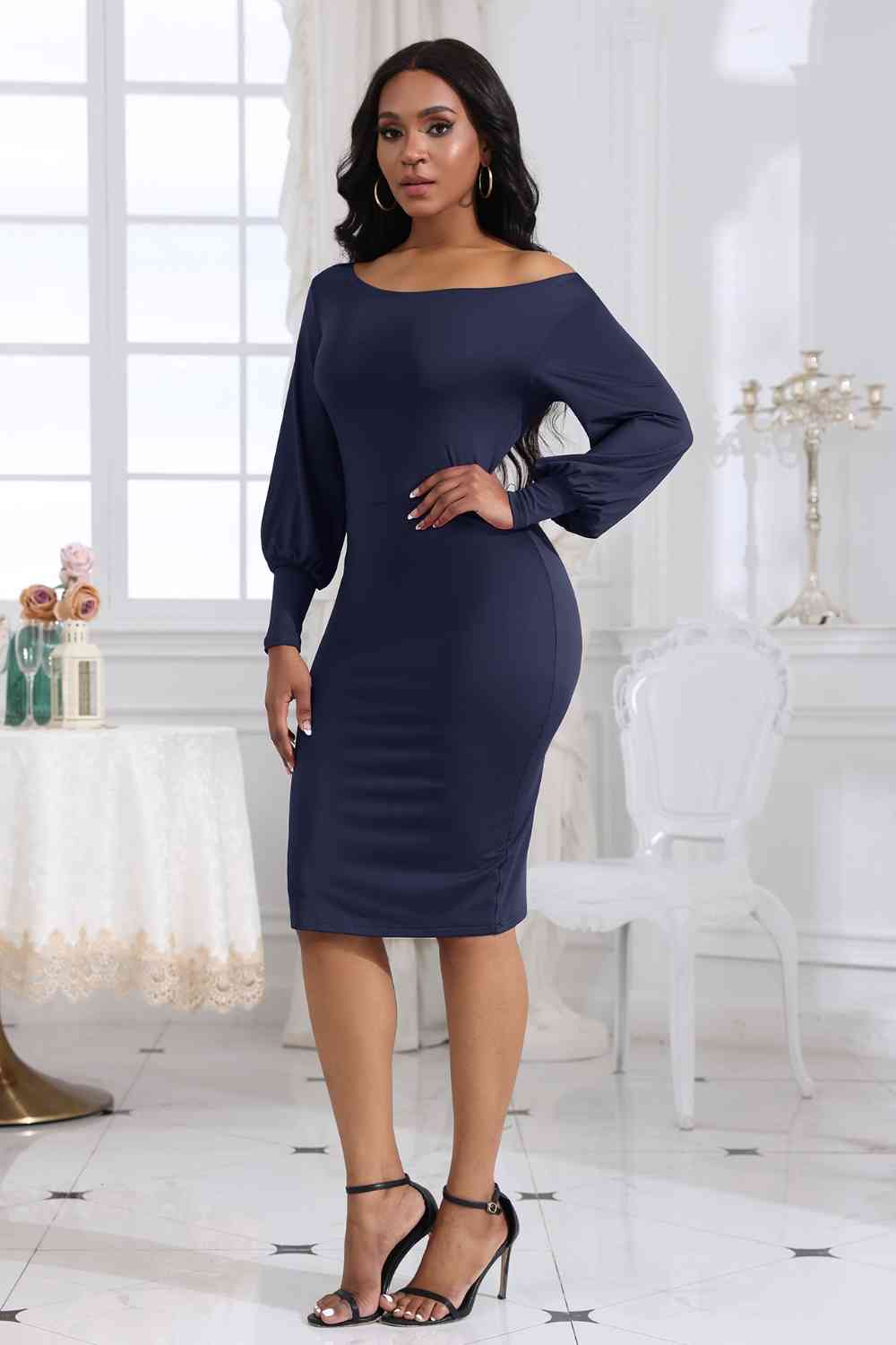 Elegant Boat Neck Dress with Lantern Sleeves