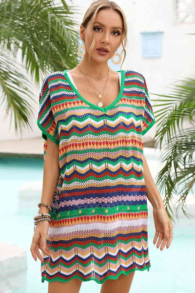 Vibrant Rainbow Stripe Scalloped V-Neck Cover-Up Dress