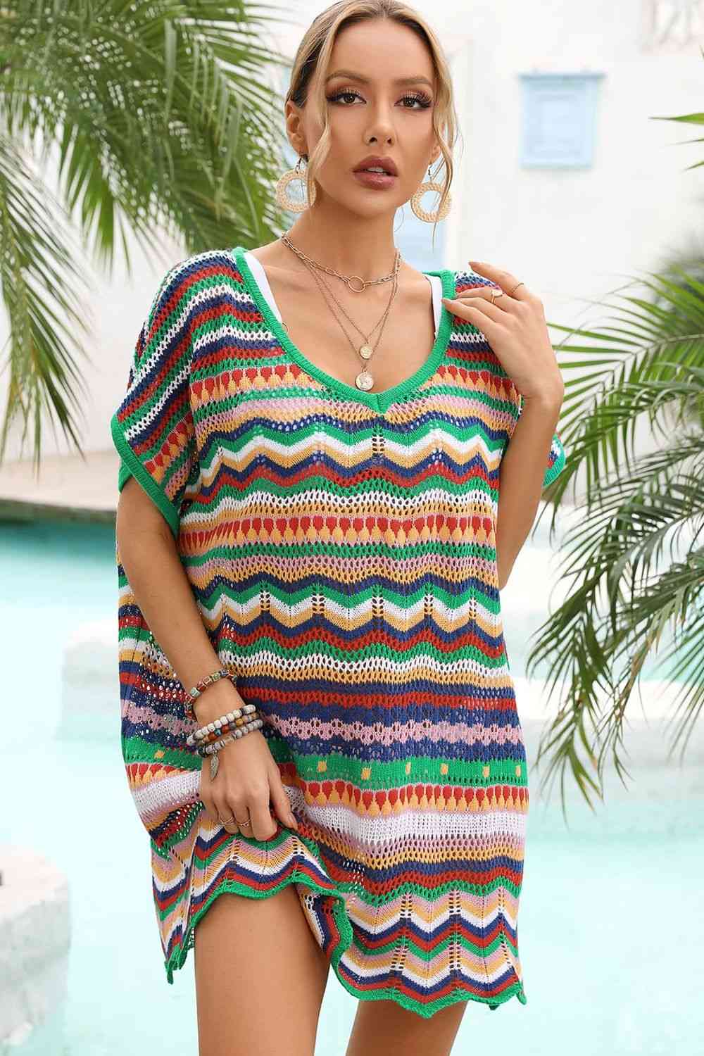 Vibrant Rainbow Stripe Scalloped V-Neck Cover-Up Dress