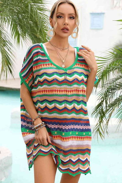 Vibrant Rainbow Stripe Scalloped V-Neck Cover-Up Dress