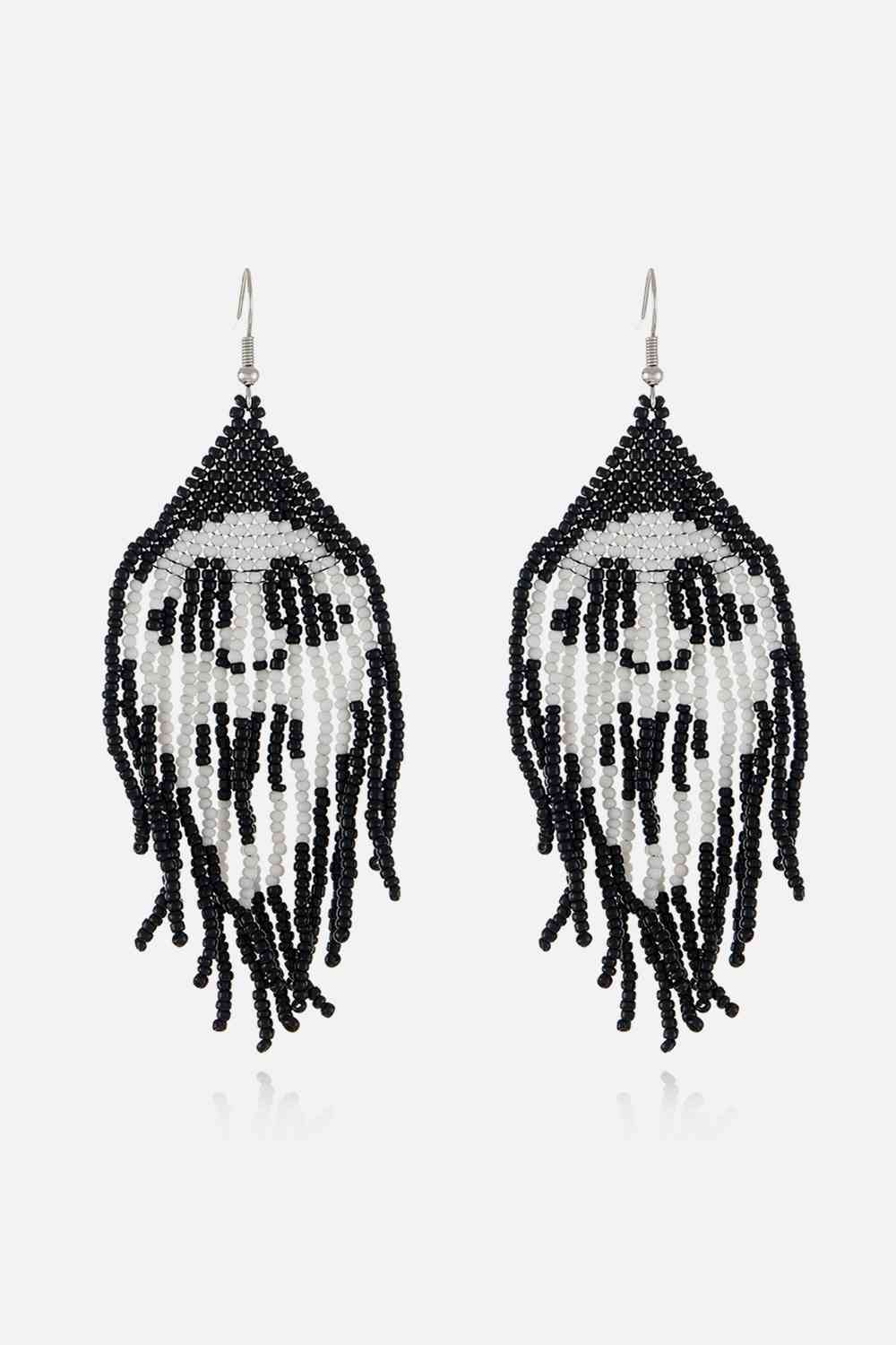 Intricate Black & White Beaded Dangle Earrings for Statement Style