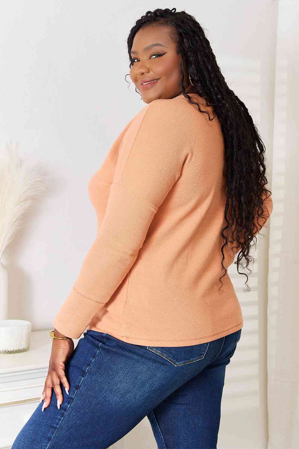 Casual & Chic Half Button Long Sleeve Top in Peach