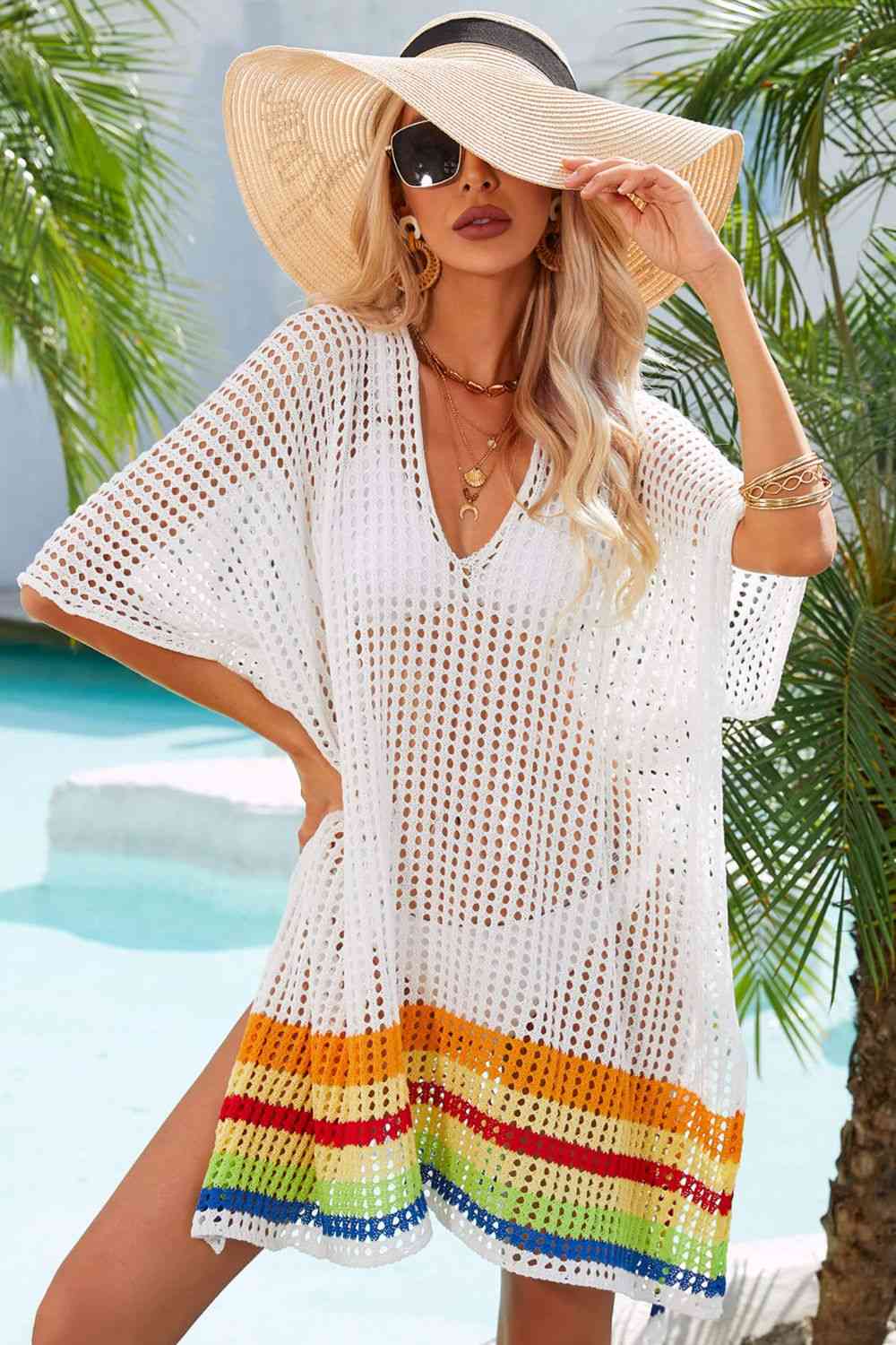 Rainbow Stripe Openwork Slit Cover-Up for Summer Style