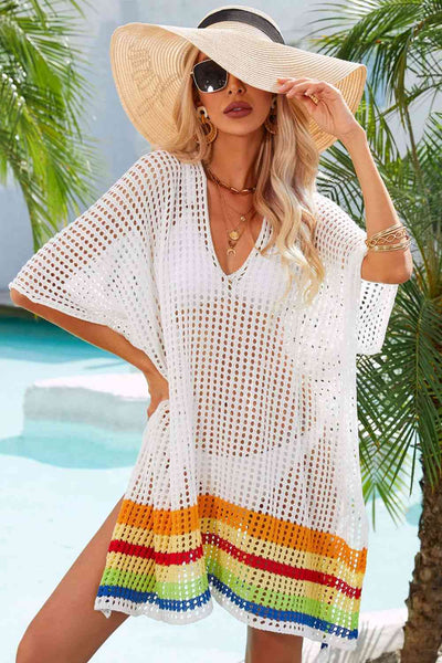 Rainbow Stripe Openwork Slit Cover-Up for Summer Style