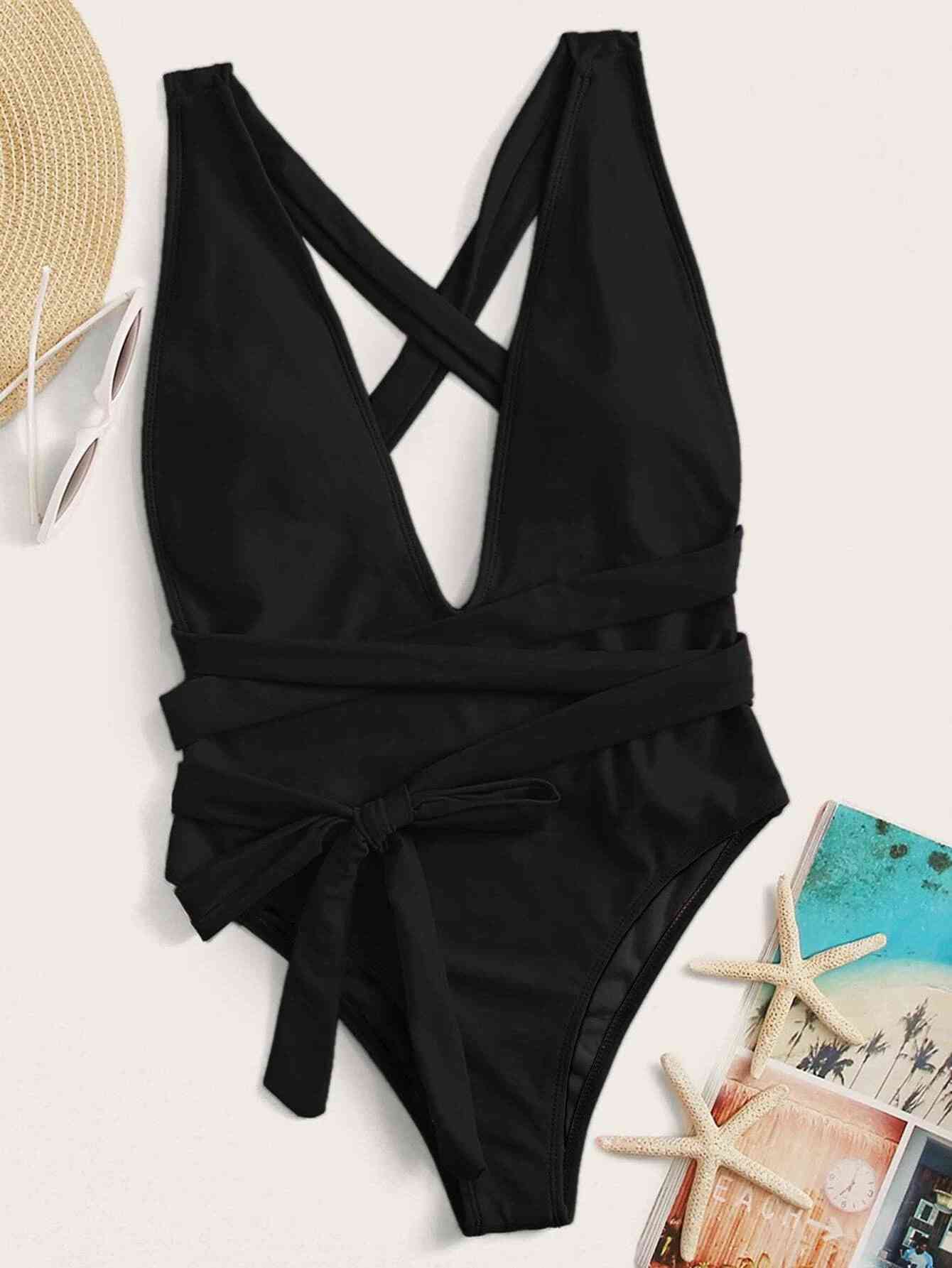 Stylish Halter Neck Deep V Tied One-Piece Swimsuit