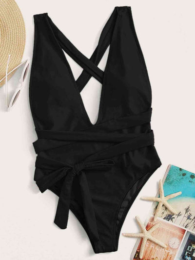 Stylish Halter Neck Deep V Tied One-Piece Swimsuit