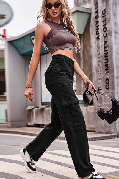 Trendy Buttoned High Waist Loose Fit Jeans with Pockets