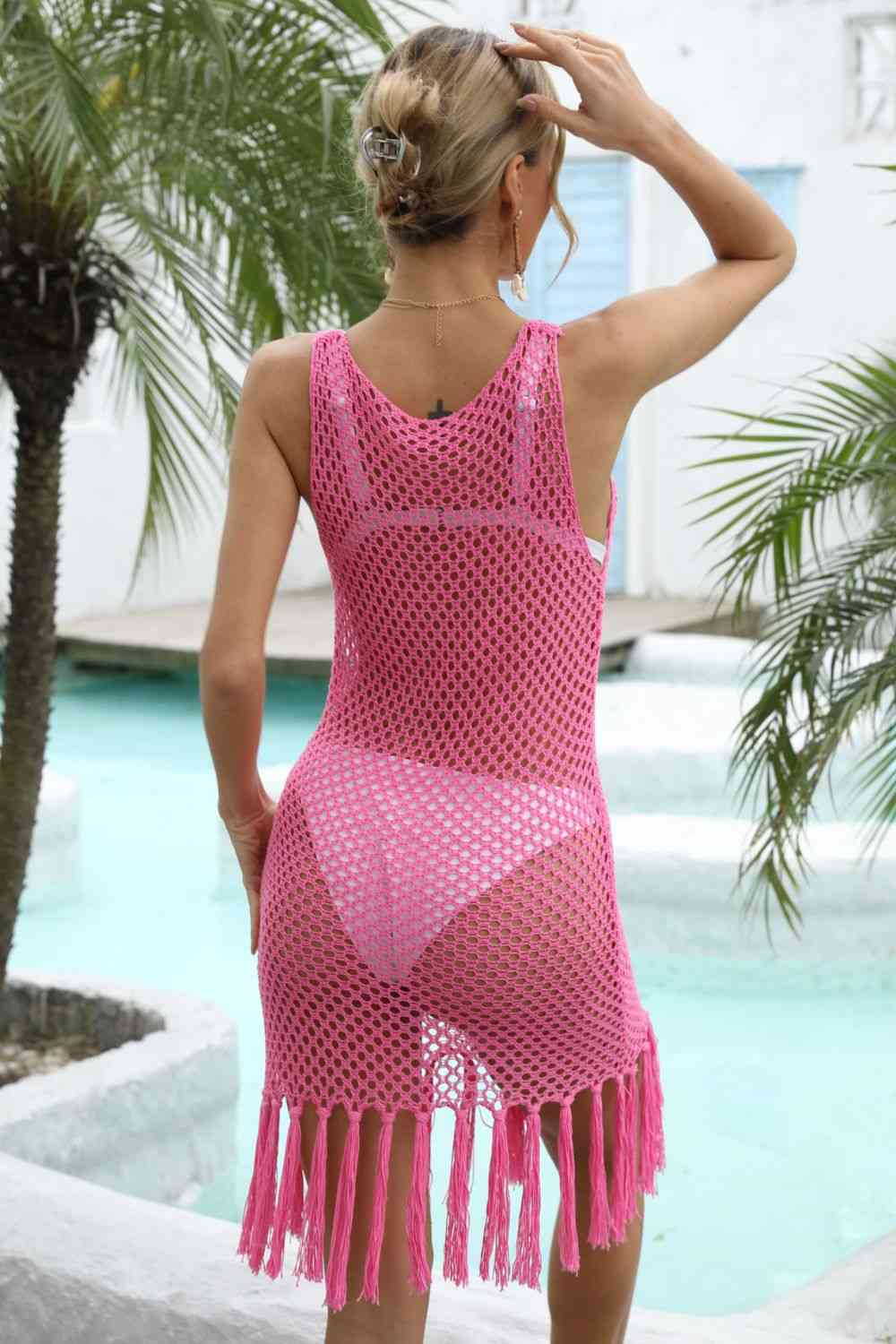Fringe Hem Openwork Sleeveless Cover-Up Dress for Summer Fun