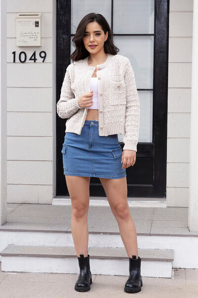 Chic Women's Button Up Round Neck Cardigan in Soft Pink