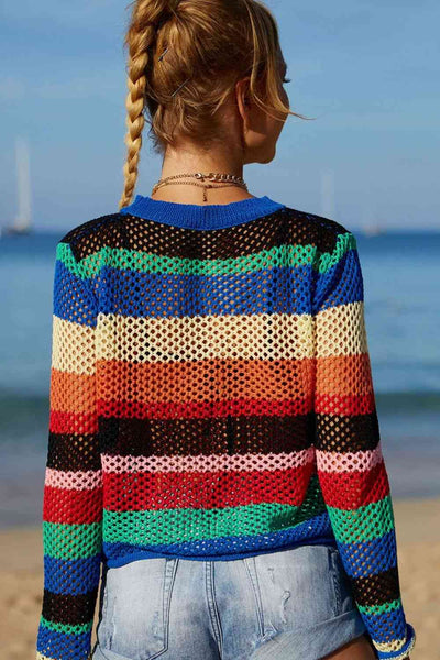 Rainbow Stripe Openwork Long Sleeve Cover-Up for Summer