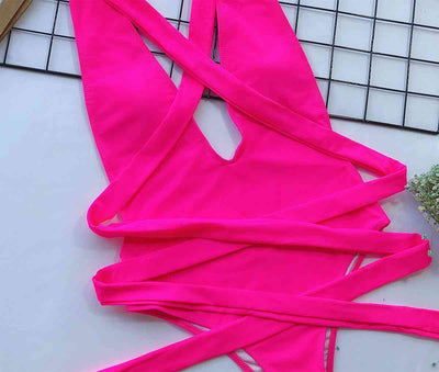 Stylish Halter Neck Deep V Tied One-Piece Swimsuit