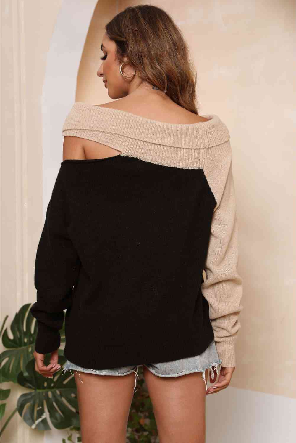 Trendy Asymmetrical Two-Tone Cutout Sweater for Casual Style