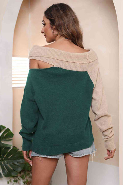Trendy Asymmetrical Two-Tone Cutout Sweater for Casual Style
