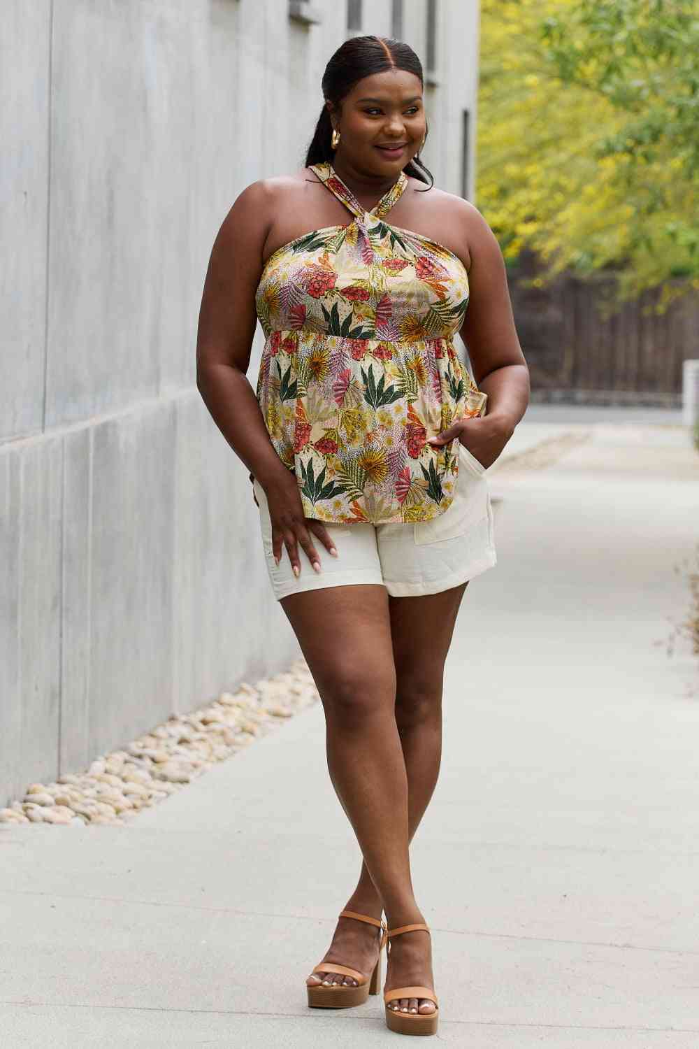 Women's Floral Halter Top - Vibrant Green, Full Size Fit