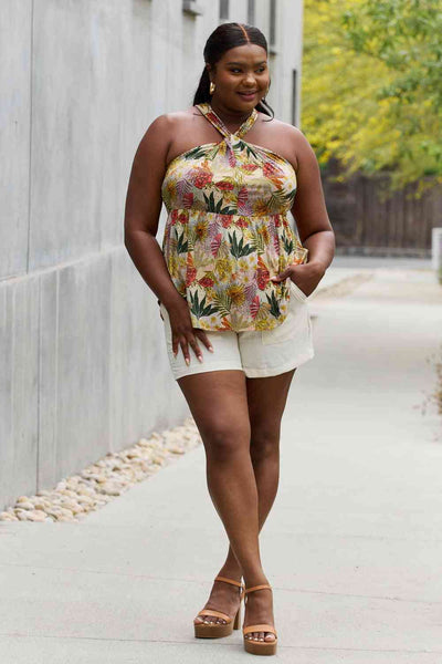 Women's Floral Halter Top - Vibrant Green, Full Size Fit